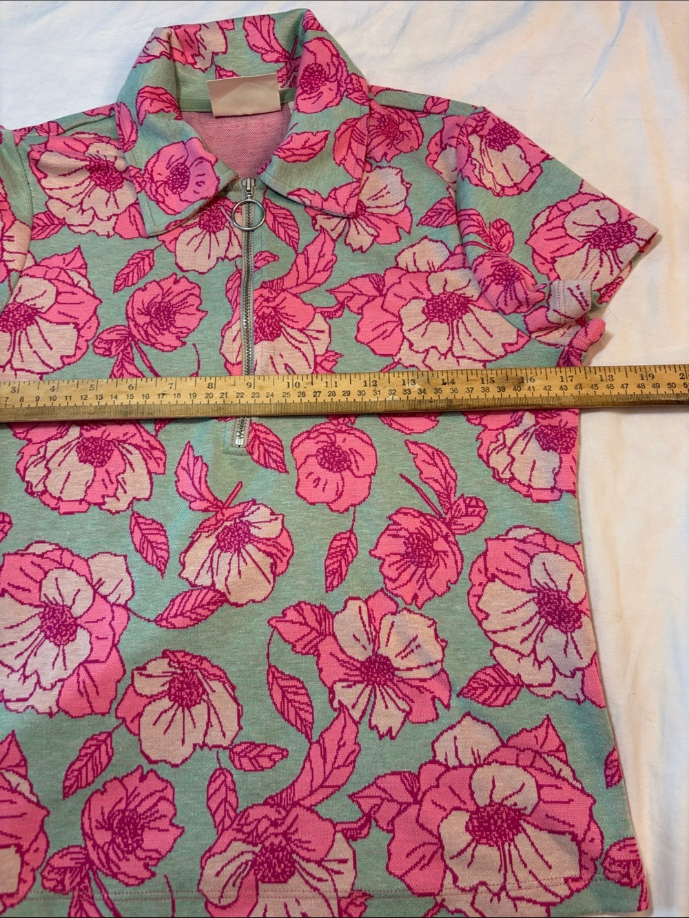 Maeve from Anthropologie Jacquard Floral Zip Polo Top in Pink and Mint, SZ Med. - Picture 2 of 8